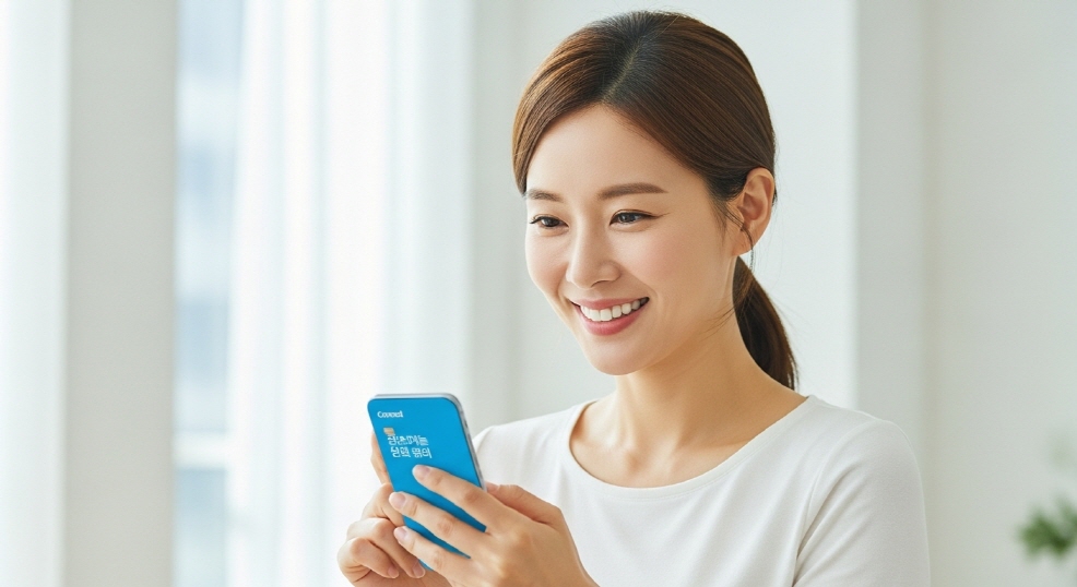 밝은 미소의 한국인 여성(30대)이 카드사 앱을 사용하는 장면