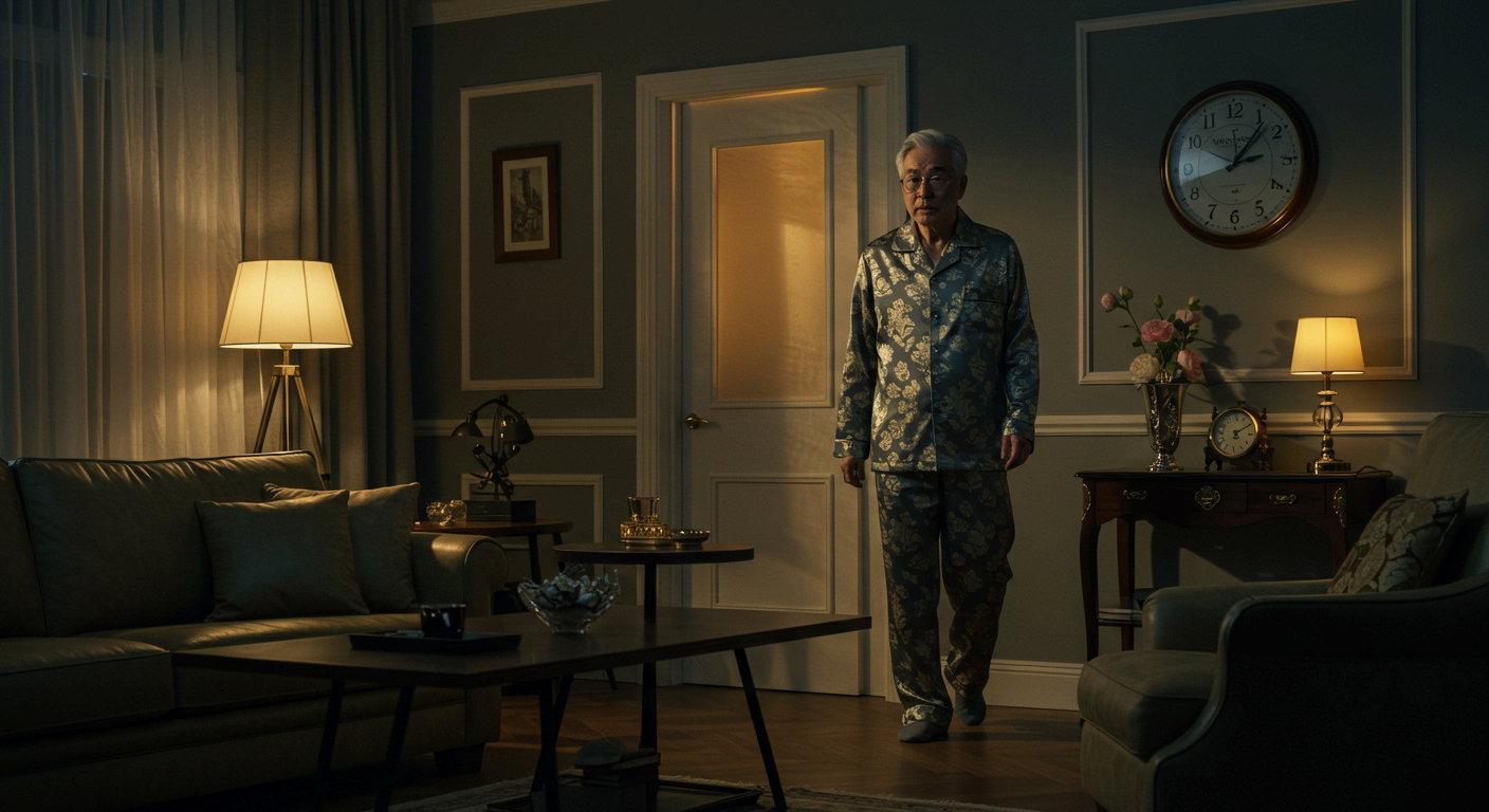 새벽3시를 가르키는 벽시계 , 야간뇨때문에 화장실 가는 중년의 한국 남성, 화장실앞 거실