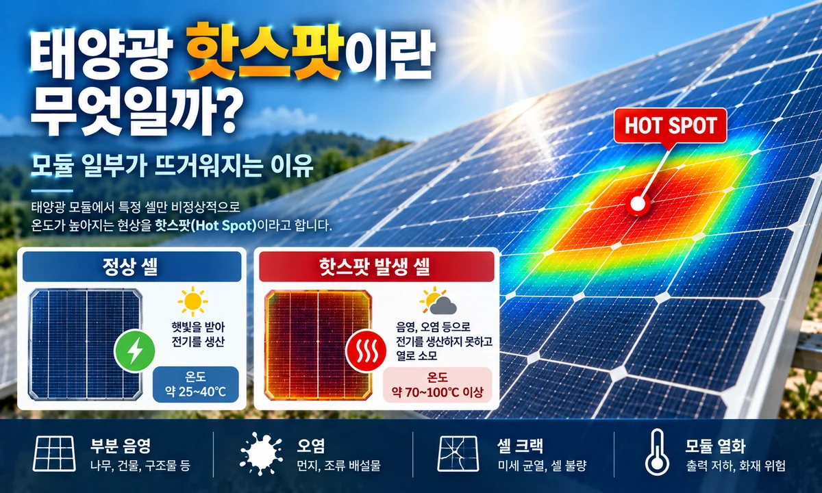 태양광 핫스팟이란 무엇인지 정상 셀과 과열 셀을 비교해 보여주는 태양광 모듈 인포그래픽