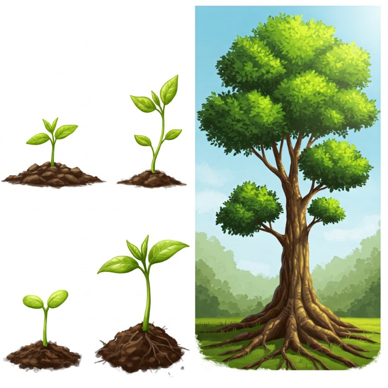 작은 새싹이 흙에서 나와 점차 큰 나무로 성장하는 순서를 나타낸 일러스트레이션