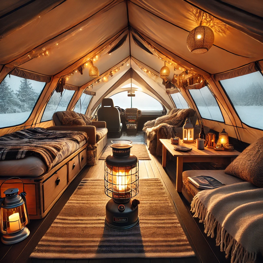 동계 오토캠핑에서 난방기구를 텐트 안에 설치하여 보온성을 높이는 모습이 표현된 사진