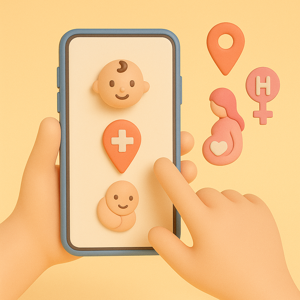 스마트폰 화면에 병원, 아기, 여성 건강 아이콘이 표시되고 있는 3D 일러스트. 손이 스마트폰을 조작하며 산모신생아 건강관리 서비스를 탐색하는 장면.