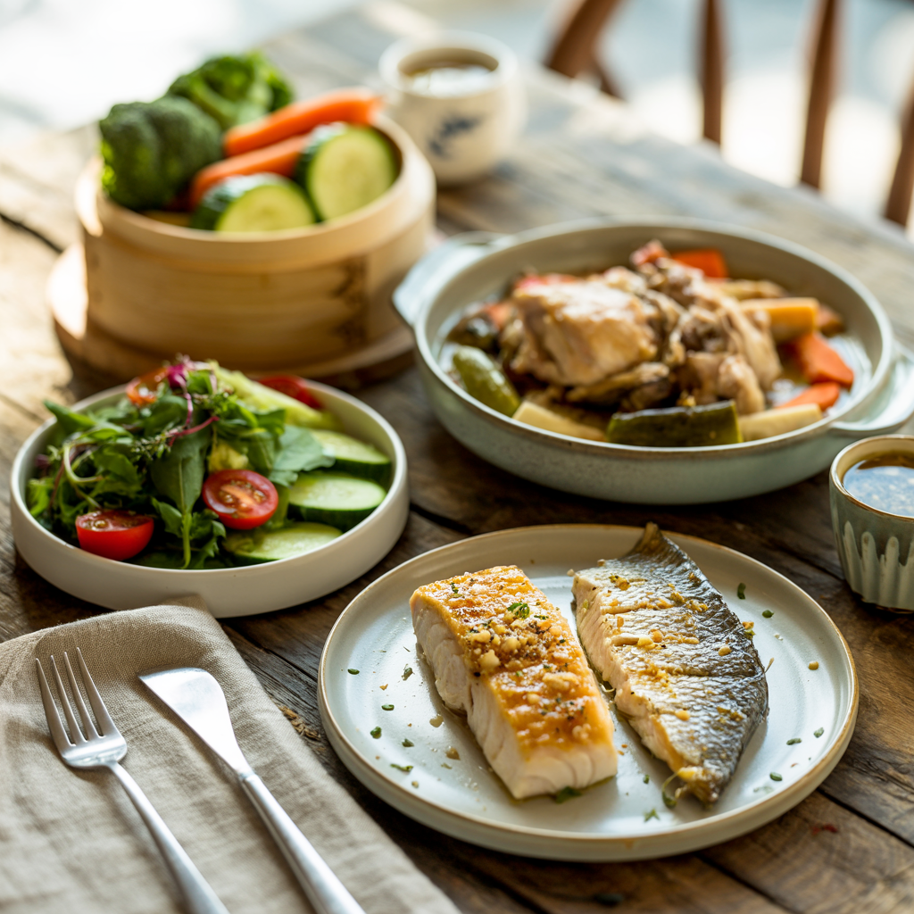 구운 생선과 신선한 채소 샐러드, 찐 야채가 담긴 다이어트 친화적 한 끼 식사.
Grilled fish with fresh salad and steamed vegetables, a diet-friendly healthy meal.