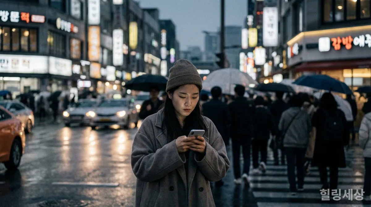 스마트폰을 들고 지친 표정의 MZ세대 젊은이가 도시의 번잡함 속에서 고민하는 모습
