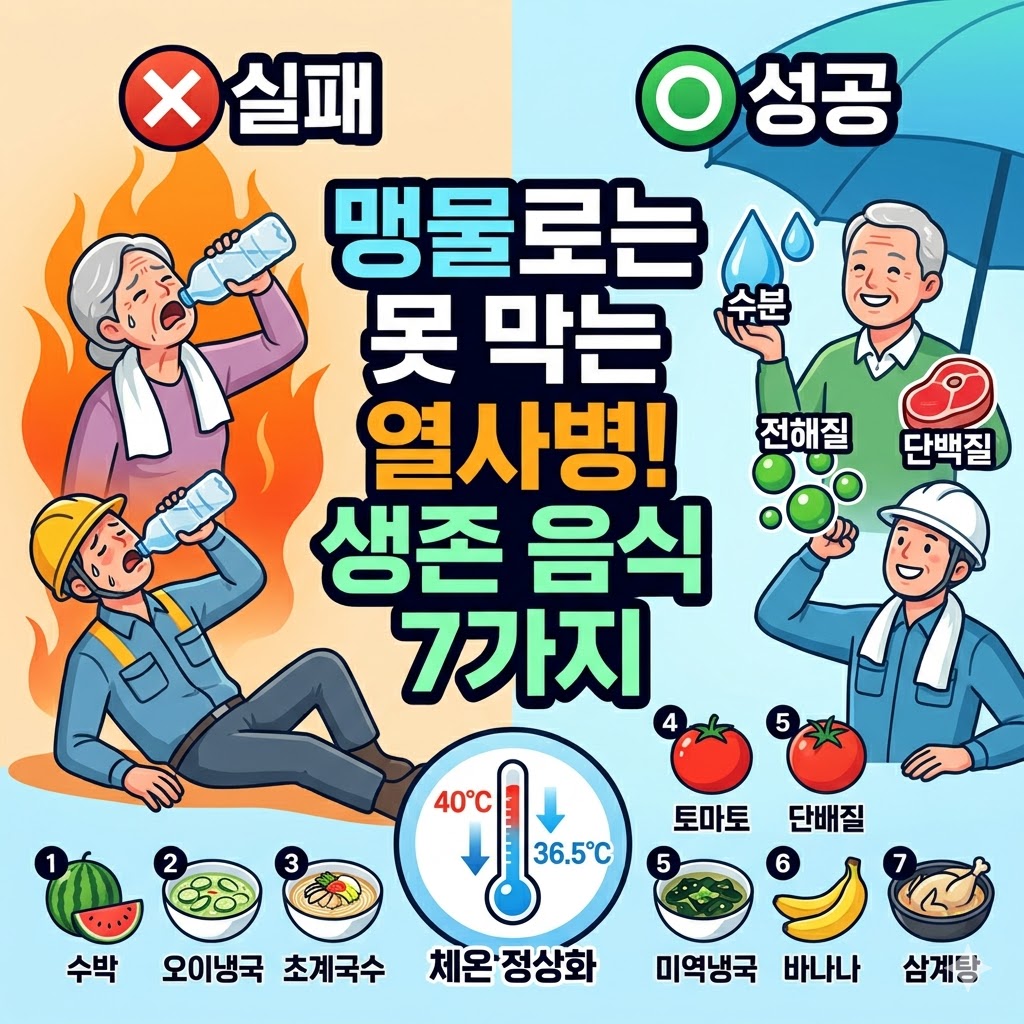 맹물로는 못 막는 열사병과 생존 음식 7가지를 대조하여 설명하는 인포그래픽 일러스트.
좌측 실패 구역에는 폭염 속에서 맹물만 마시며 괴로워하는 노인과 쓰러진 건설 근로자가 불길 배경과 함께 묘사되어 있습니다.
우측 성공 구역에는 그늘막 아래에서 수분, 전해질, 단백질을 보충하며 미소 짓는 노인과 근로자가 있습니다.
하단에는 수박, 오이냉국, 초계국수, 미역냉국, 바나나, 삼계탕 등 열사병 예방 음식 7가지 아이콘과 40도에서 36.5도로 체온이 정상화되는 온도계 그래픽이 포함되어 있습니다.