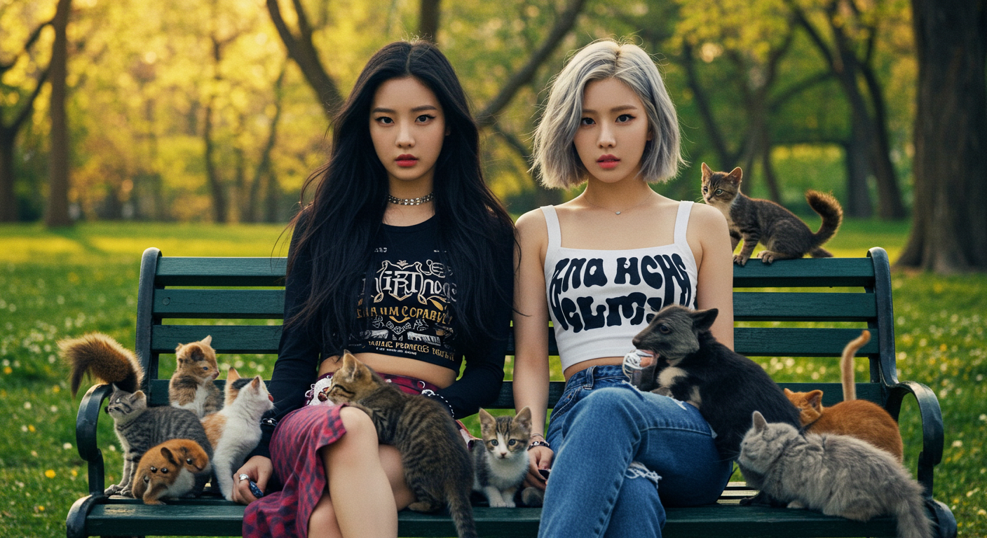 동물들이 가득 있는 공원에 앉아있는 두 미녀