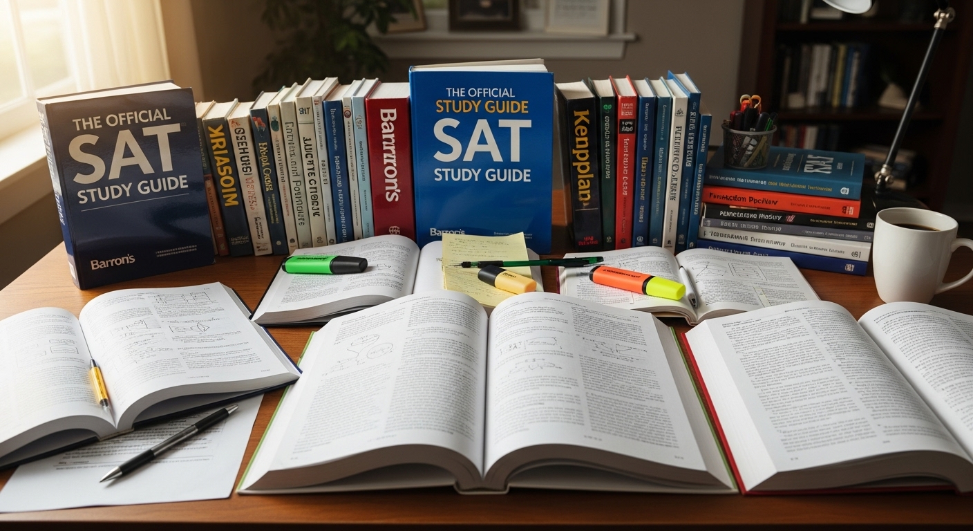 다양한 출판사의 SAT 교재들(Official Guide, Barron's, Princeton Review 등)**이 책상 위에 쌓여 있거나 펼쳐져 있습니다