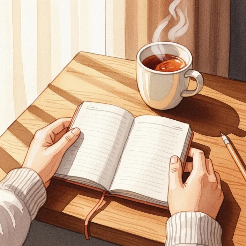 따뜻한 차 한 잔과 함께 일기를 쓰고 있는 손