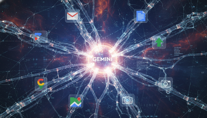 구글 앱들과 연결된 인공지능 신경망의 추상적인 시각화