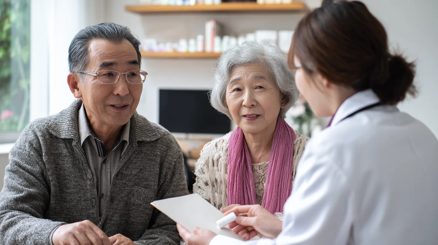 치매 약물 비교 상담 장면, 의사가 치료 선택 설명, 노인 환자와 보호자 함께, 현실적인 병원 진료실, 자연광, 고해상도, 블로그 본문 이미지