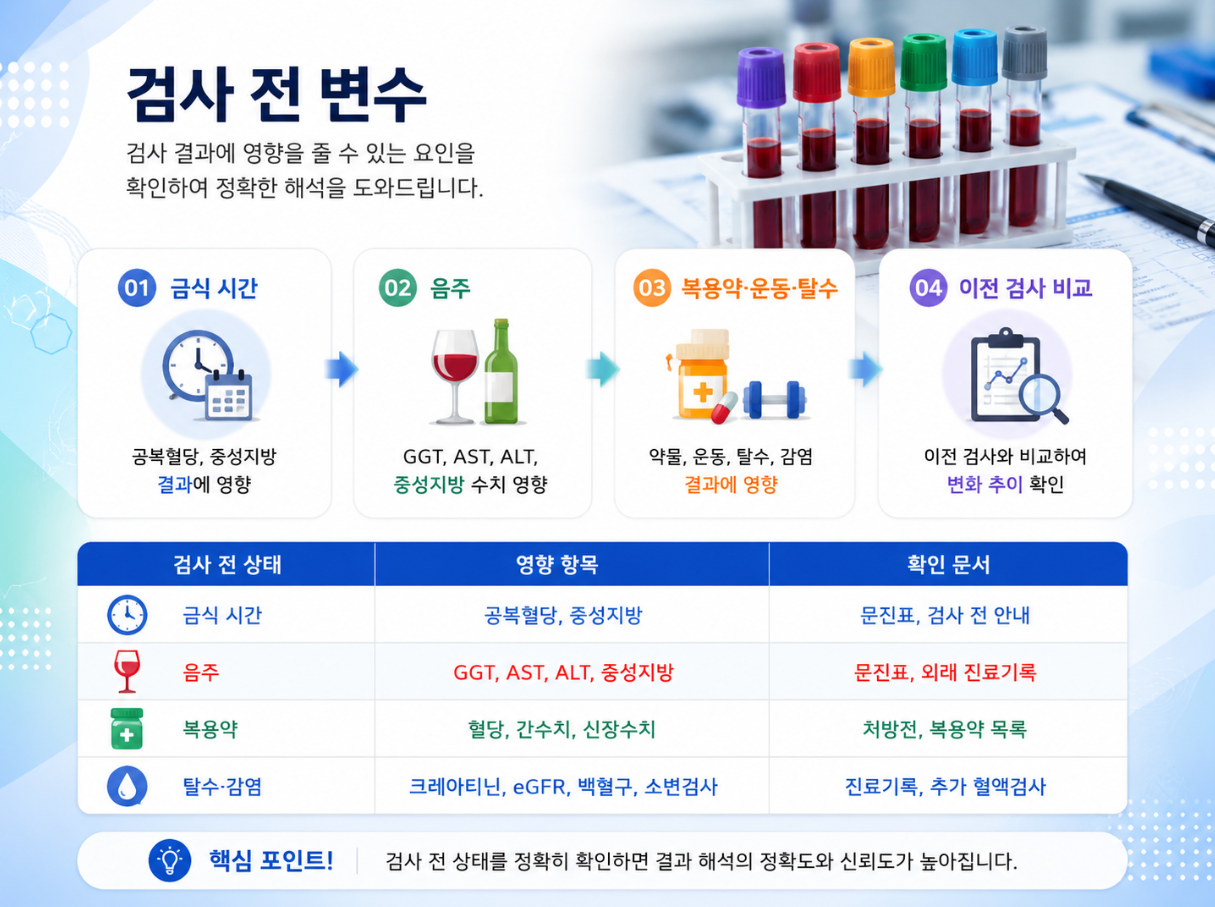 금식 시간, 음주, 복용약, 운동, 탈수 등 검사 전 변수가 건강검진 결과에 미치는 영향을 정리한 의료 인포그래픽