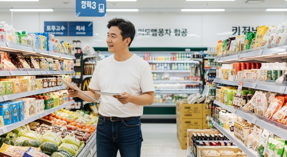 슈퍼마켓에서 장을 보는 중년 남성