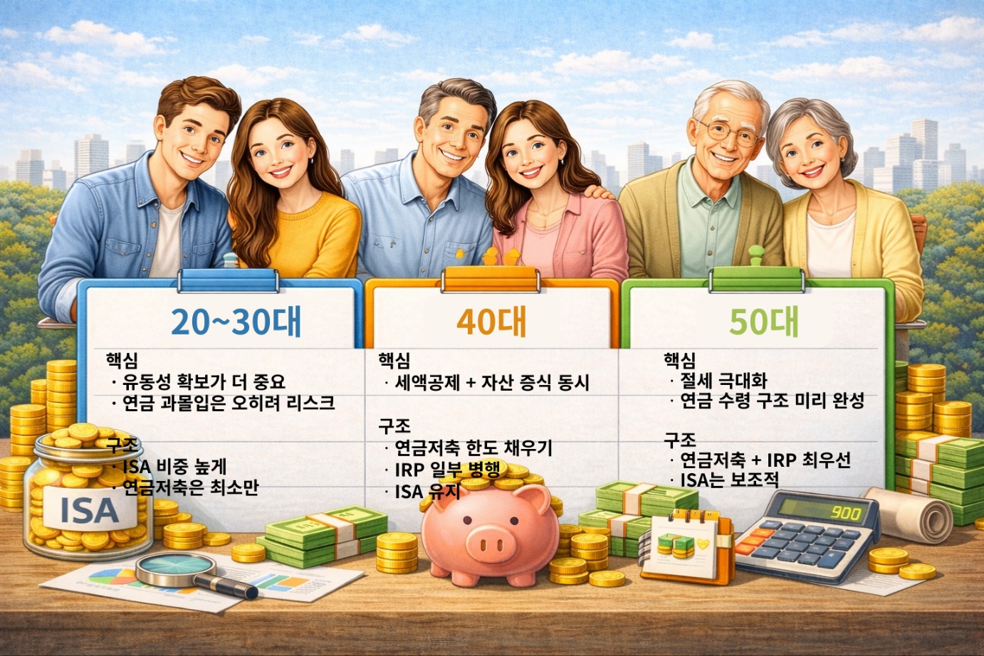 연령대별 소득과 재무 목표에 따라 ISA, 연금저축, IRP 계좌 비중을 조절하는 현실적인 절세 전략 인포그래픽