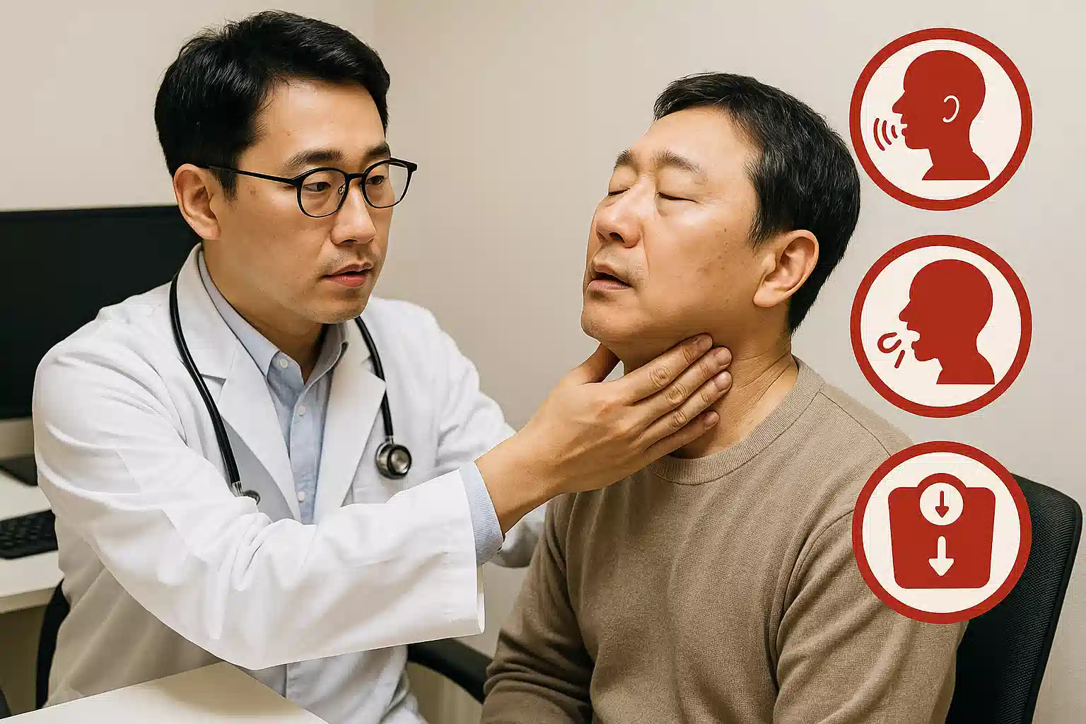 진료실에서 의사가 목을 진찰하는 장면 — 목소리 변화, 혹, 체중 감소 등 경고