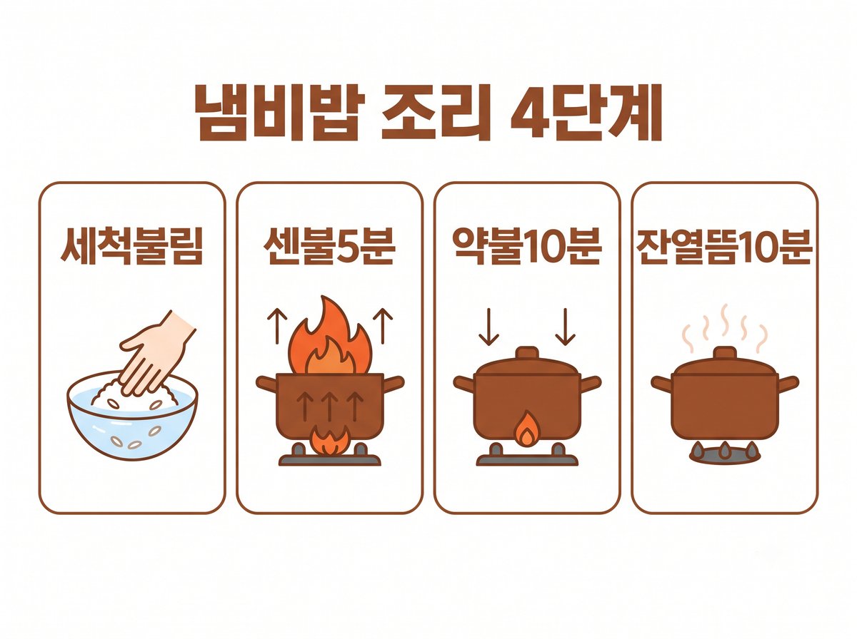 냄비밥 조리 4단계 세척불림 센불5분 약불10분 잔열뜸10분