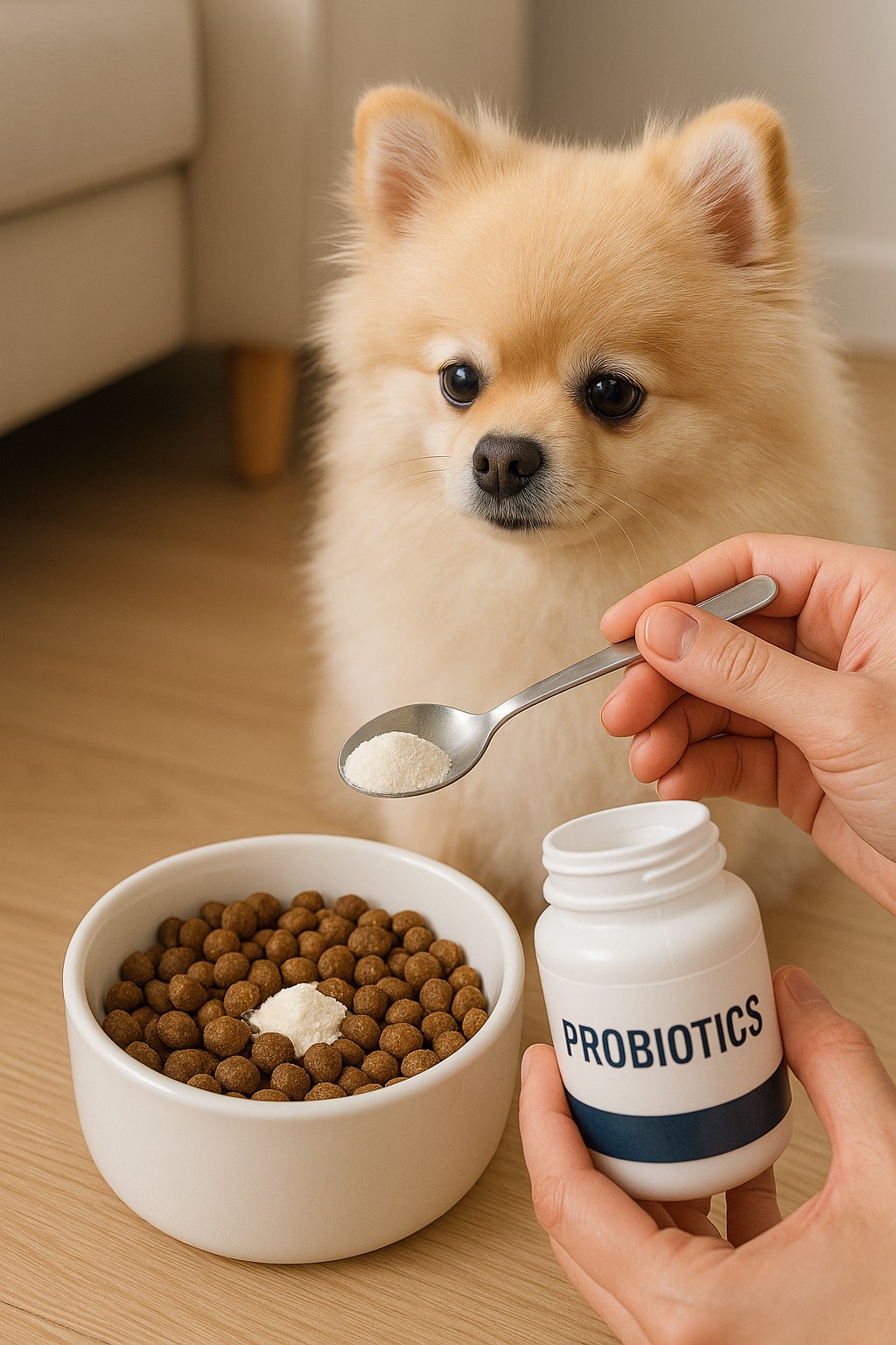 강아지 밥에 유산균 영양제 타주는 사진