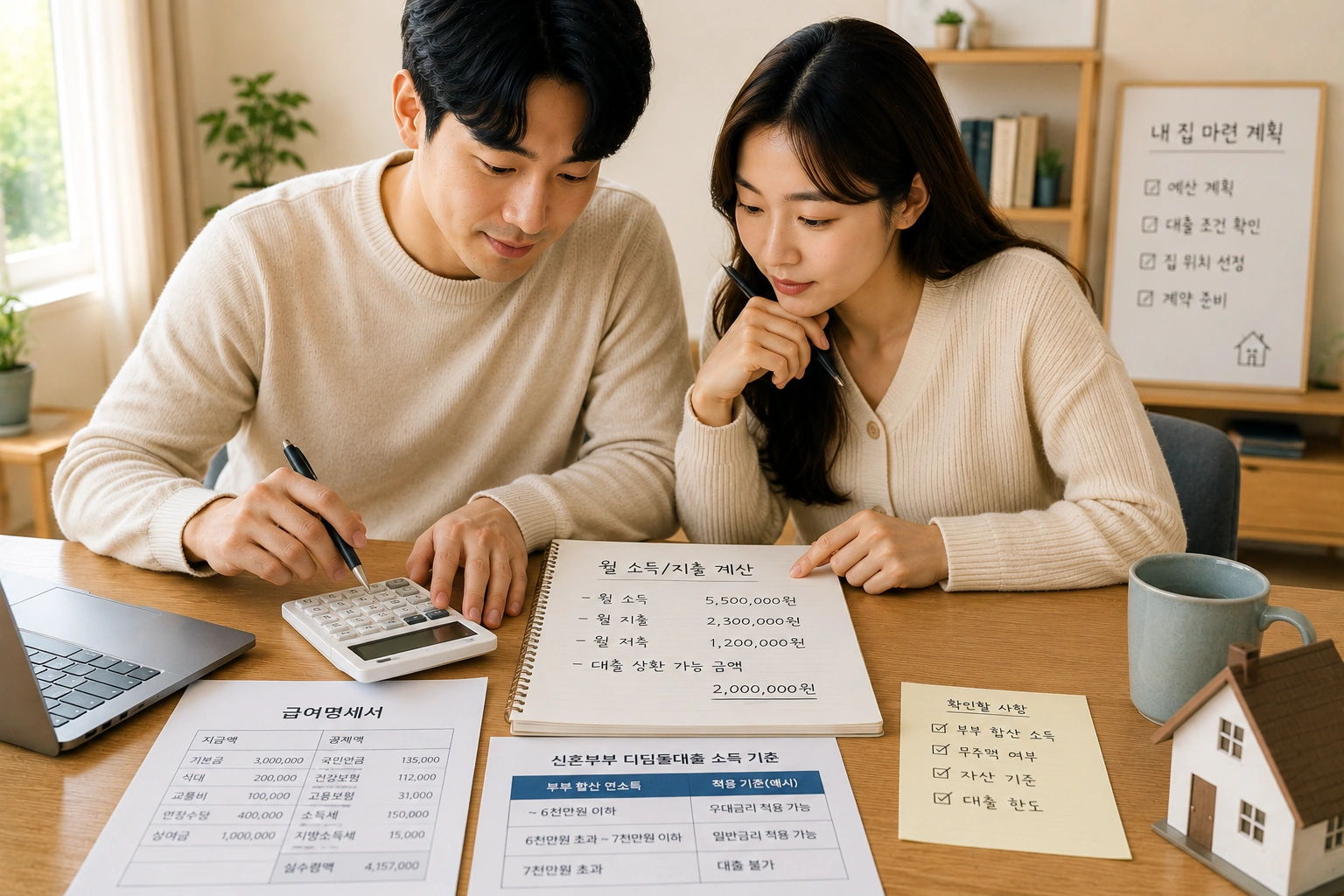 신혼부부가 급여명세서와 계산기를 활용해 디딤돌대출 소득 기준과 대출 가능 여부를 계산하는 모습