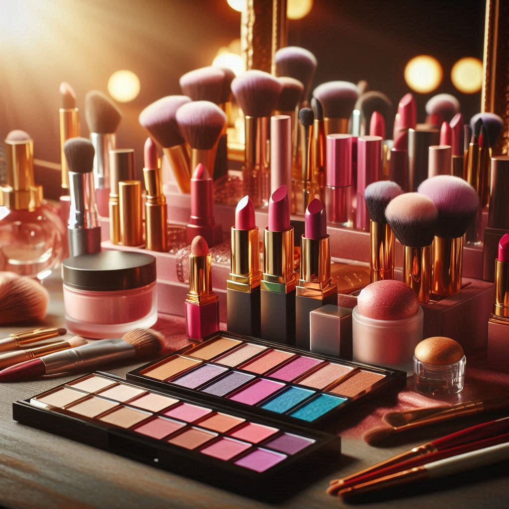 메이크업 컬러 선택을 위한 파운데이션, 아이섀도우, 립 화장품 모음