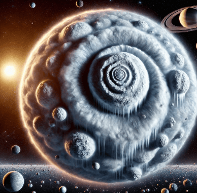 원형모양의 행성에 솜사탕 같은 느낌의 질감으로 구성된 하얀색의 행성이 크게 보인다 뒤로는 밝은 항성이 뒷부분을 비추고있다.