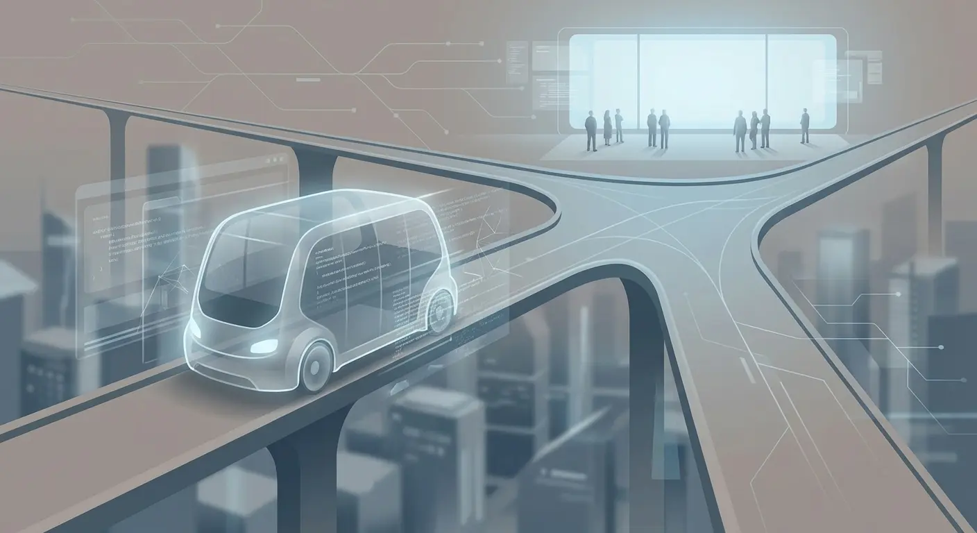 An illustration showing the trolley problem transformed into a technology ethics context, highlighting automated decision-making
