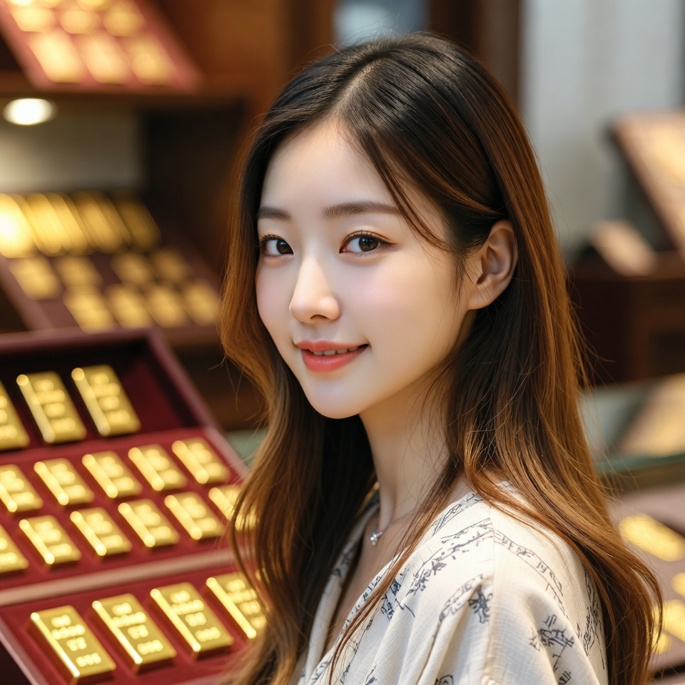20대 여성이 금거래소에서 골드바 구경하는 모습