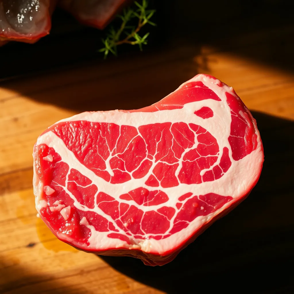 붉은 살코기와 눈꽃처럼 피어있는 하얀 마블링이 선명하게 대비되는 한우 등심 덩어리를 위에서 클로즈업하여 촬영합니다. 밝고 따뜻한 조명 아래, 고기 표면에 맺힌 육즙이 더욱 빛나 보이게 연출합니다.