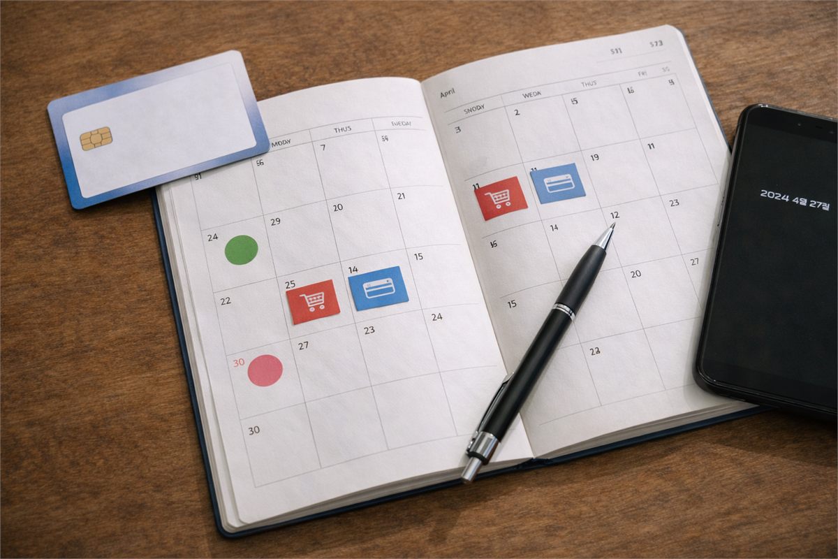 4월과 5월 일정 확인용 플래너와 카드&amp;#44; 휴대폰이 놓인 정물 사진 