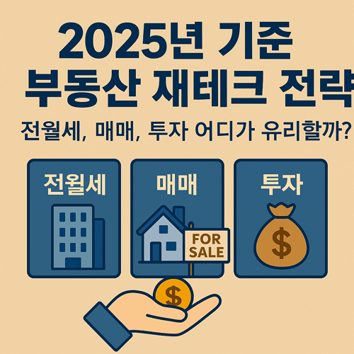 2025년 기준 부동산 재테크 전략을 비교하는 썸네일 이미지로, 전월세, 매매, 투자 항목이 아이콘으로 표현되고, 손 위에 금화가 놓인 재테크 선택 일러스트