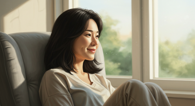 따뜻한 햇살 속에서 미소 짓는 한국인 여성