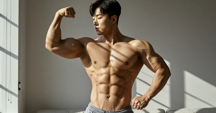 방안에서 보디빌딩 포징을 하고있는 남성 이미지