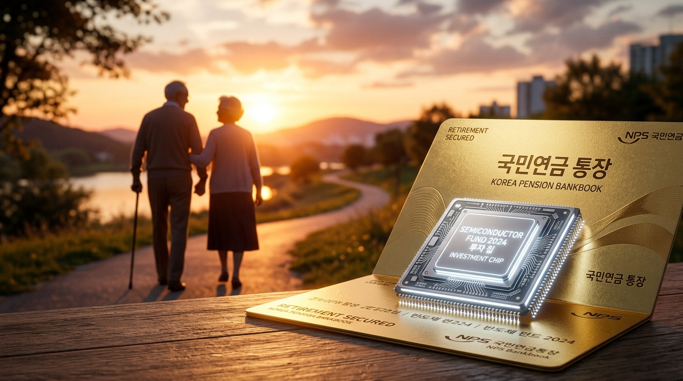 화려한 은색 빛이 감도는 반도체 칩과 황금색 퇴직연금 통장이 겹쳐지며, 배경에는 풍요로운 노후를 즐기는 노부부의 실루엣이 보이는 강렬한 이미지