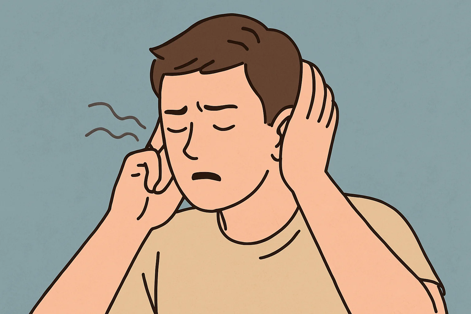 갑작스러운 귀먹먹함에 귀를 막고 불편한 표정을 짓는 남성의 일러스트