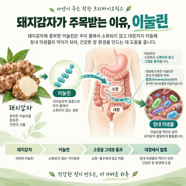 돼지감자의 이눌린이 소장을 지나 대장에서 장내 미생물에 의해 발효되는 과정