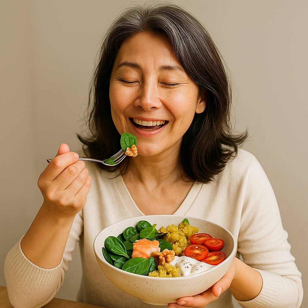 감정 기복을 완화하는 건강식단을 즐기는 중년 여성 갱년기 여성 건강 음식 추천