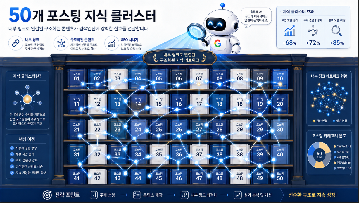 50개의 포스팅이 연결되어 형성된 주제 권위 클러스터 구조도