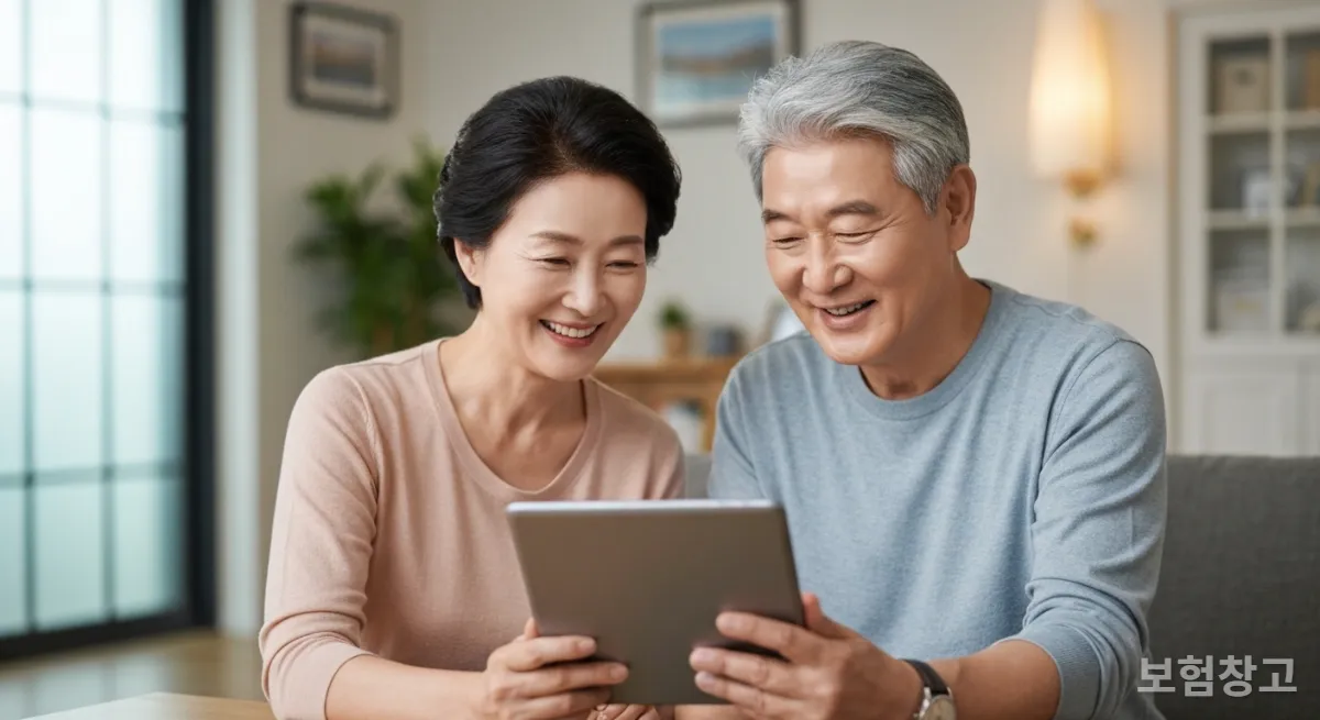 국민연금 예상 수령액을 확인하며 미소 짓는 한국인 부부
