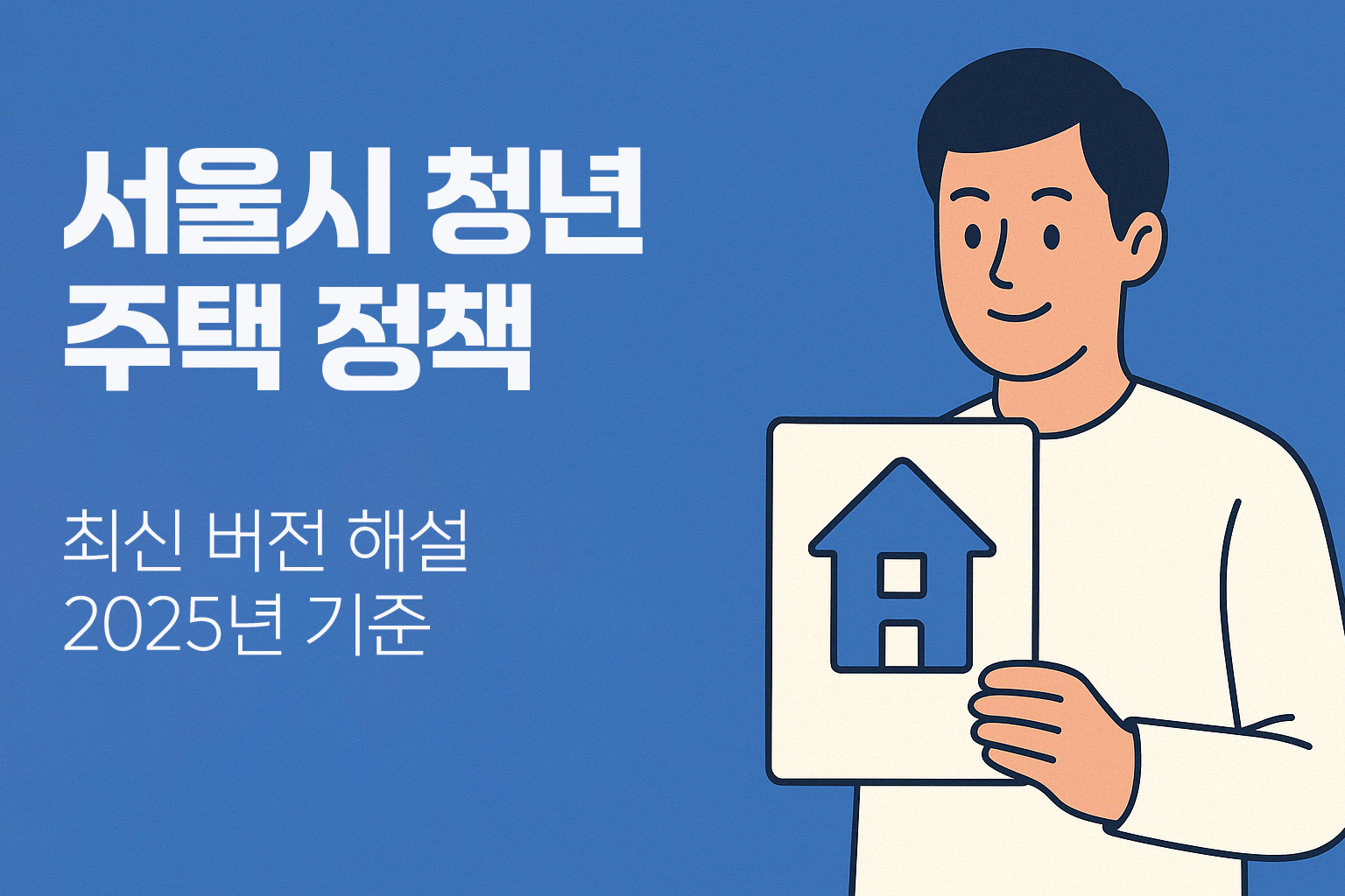 서울시 청년 주택 정책 최신 버전 해설 (2025년 기준) - 파란 배경에 왼쪽은 굵은 한글 텍스트, 오른쪽은 주택 아이콘이 있는 태블릿을 들고 있는 청년 일러스트가 포함된 정보 이미지