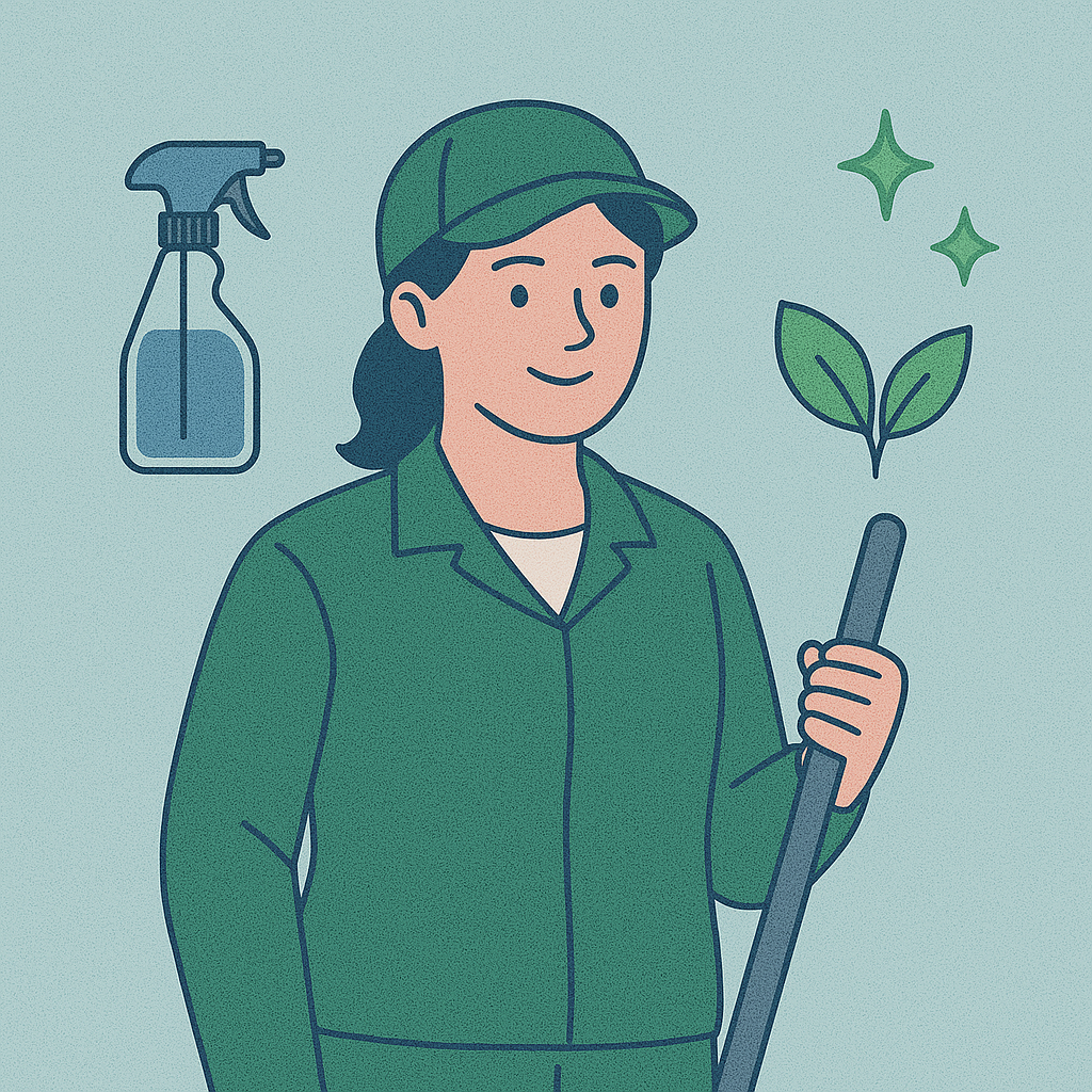 녹색 유니폼과 모자를 착용한 여성 환경미화원이 미소를 지으며 걸레자루를 들고 있으며, 주변에 분무기, 잎사귀, 반짝이는 청결 아이콘이 함께 있는 산업안전보건교육 관련 일러스트