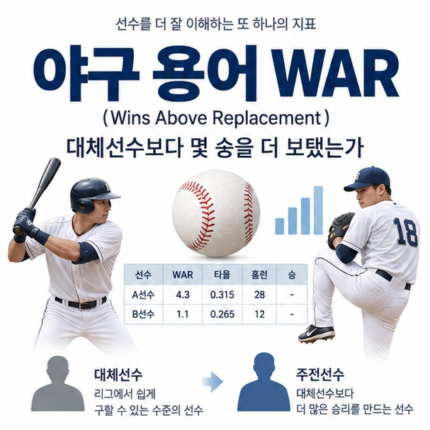 야구 용어 WAR과 야구선수 대체선수 승리 기여도를 함께 보여주는 교육용 이미지