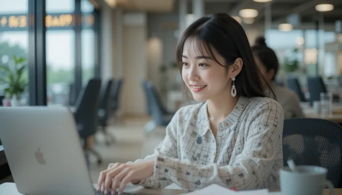 책상에 앉아 노트북으로 미납 요금을 검색하는 여성