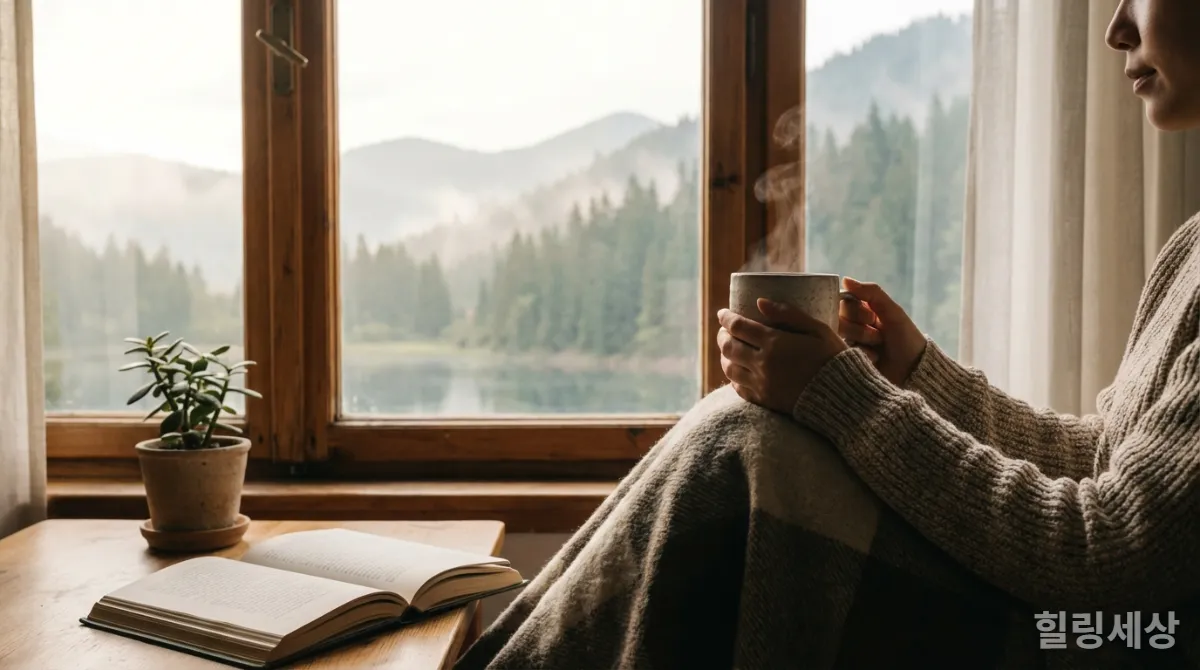 창밖 풍경을 바라보며 따뜻한 잔을 든 한국인 여성의 손