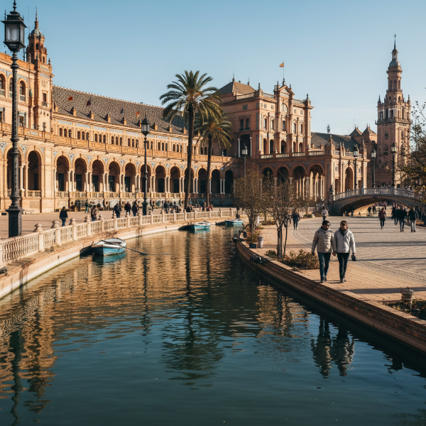 스페인 세비야의 아름다운 스페인 광장 전경, 섬세한 건축물과 타일 장식, 여유롭게 거니는 사람들의 모습