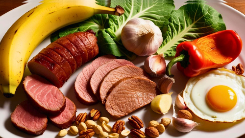 바나나, 마늘, 달걀, 채소, 붉은 고기, 견과류 등으로 구성된 건강한 식단이 접시에 담겨진 이미지.