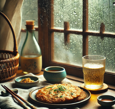 비오는날에 먹는 파전과 음료 관련 사진