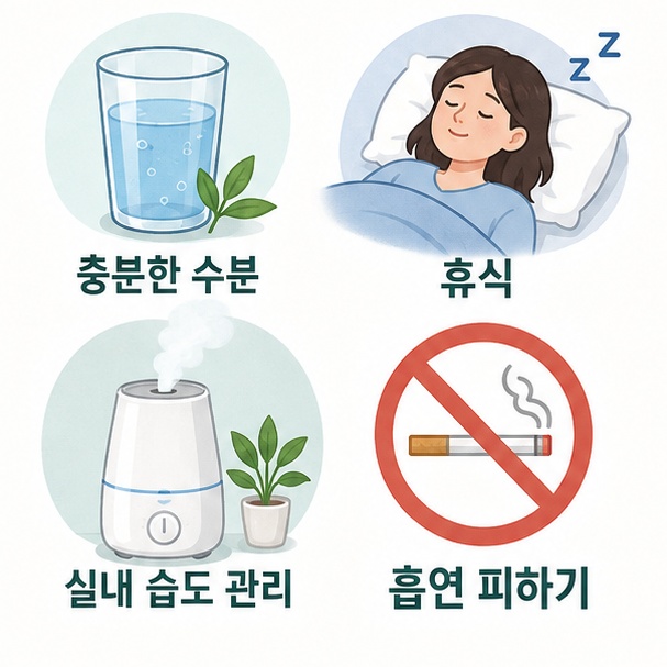 오래가는 가래와 기침이 있을 때 충분한 수분과 휴식, 습도 관리와 금연을 실천하는 방법을 정리한 이미지