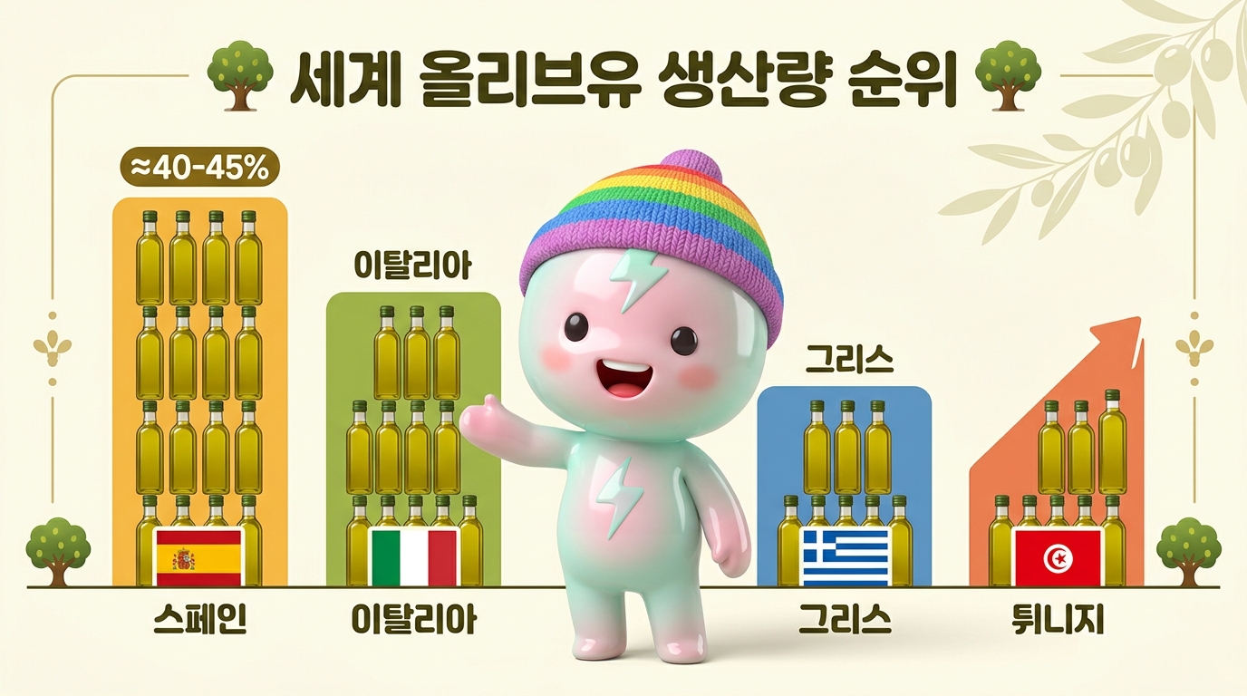 쫀쿠가 중앙에 신나는 표정으로 서서 세계 올리브유 생산 순위를 보여주는 알록달록한 막대 차트 인포그래픽을 선보이는 장면. 국기와 함께 네 개의 컬럼: 스페인(가장 높음, 40-45%, 스페인 국기), 이탈리아(중간 높이, 이탈리아 국기), 그리스(더 낮음, 그리스 국기), 튀니지(상승 중, 튀니지 국기). 각 컬럼에는 올리브유 병들이 비율에 맞게 쌓여 있음. 한글 텍스트: '세계 올리브유 생산량 순위'.