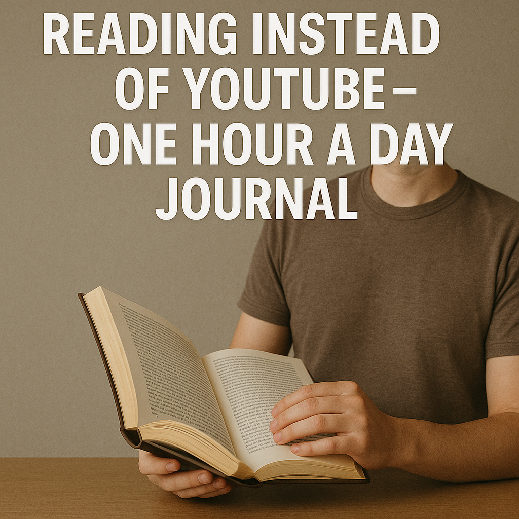 갈색 티셔츠를 입은 사람이 나무 책상 위에서 책을 펼쳐 읽고 있으며, 상단에는 &quot;READING INSTEAD OF YOUTUBE – ONE HOUR A DAY JOURNAL&quot;이라는 문구가 적혀 있다.