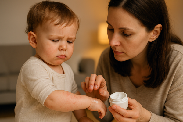 유아의 팔에 아토피 증상이 나타나 엄마가 보습제를 발라주는 모습