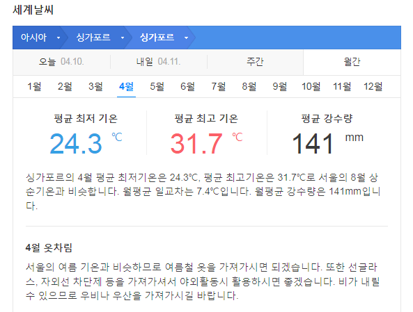 싱가포르 4월 날씨 옷차림 추천 여행지
