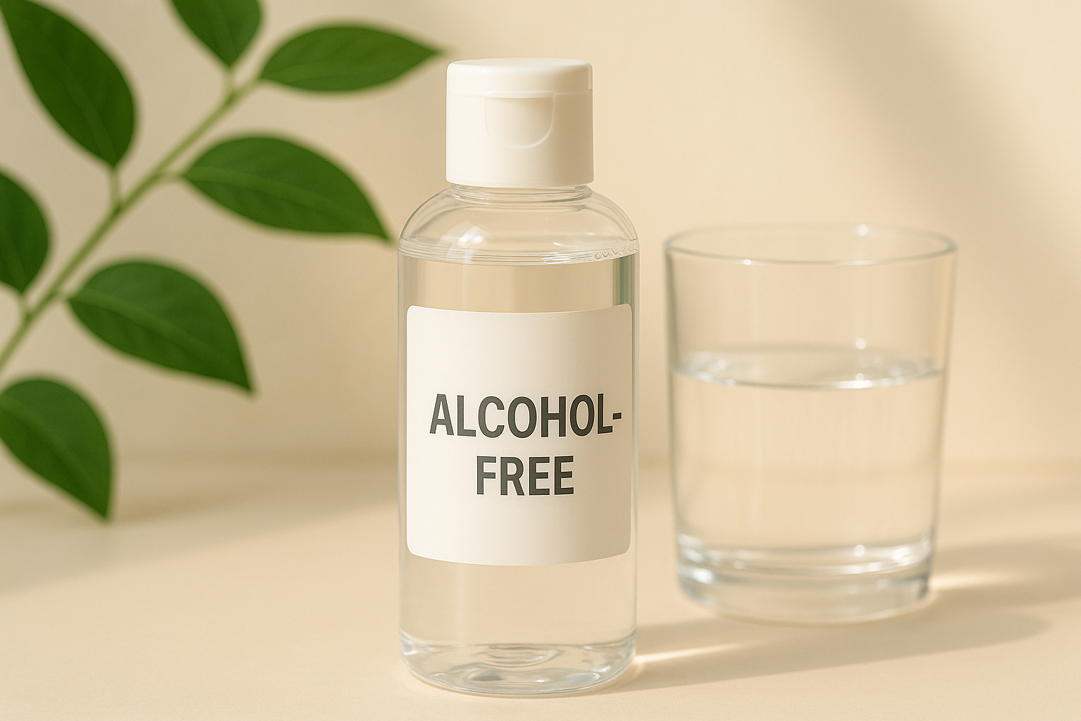 투명 스킨케어 병에 "알코올 프리" 문구가 적혀있고 유리잔과 초록 식물 옆에 놓인 이미지